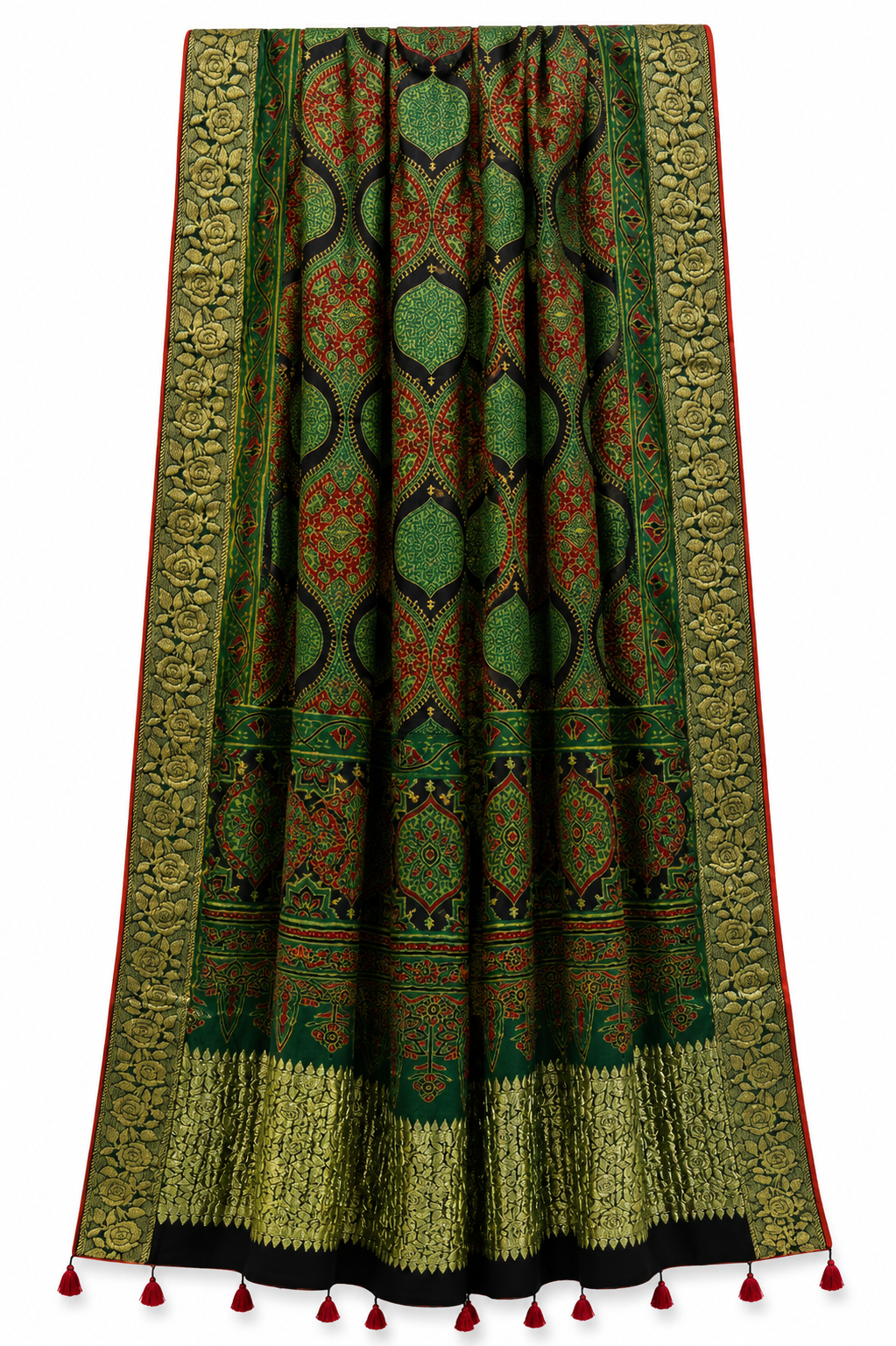 Green red Ajrakh dupatta flat lay
