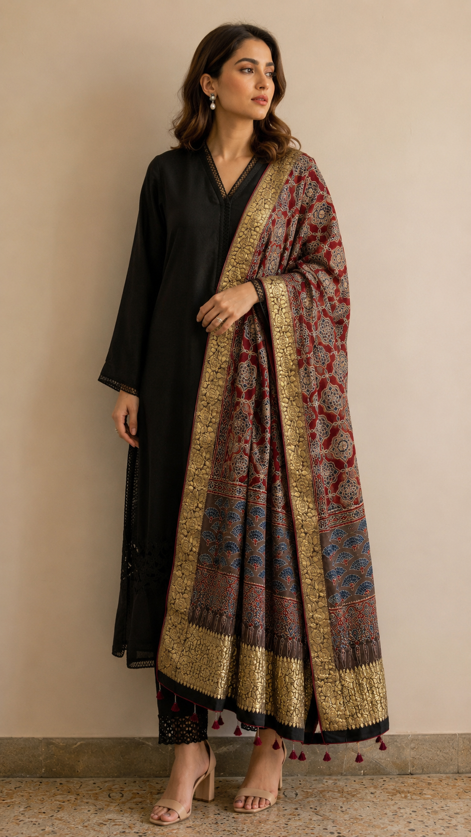 Maroon Ajrakh dupatta with black kurta lifestyle