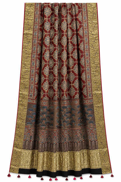 Maroon gold Ajrakh dupatta flat lay