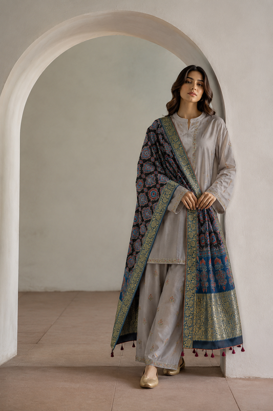 Navy Ajrakh dupatta with grey kurta lifestyle
