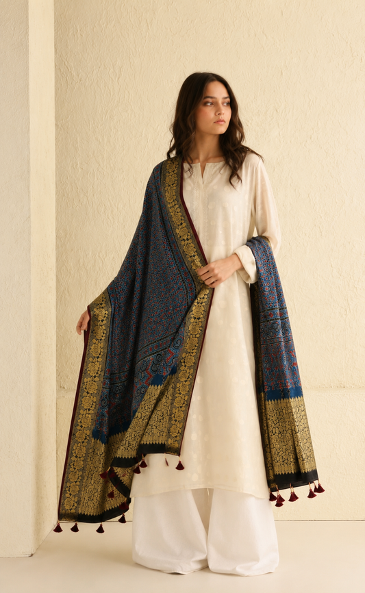 Navy gold Ajrakh dupatta with cream kurta lifestyle
