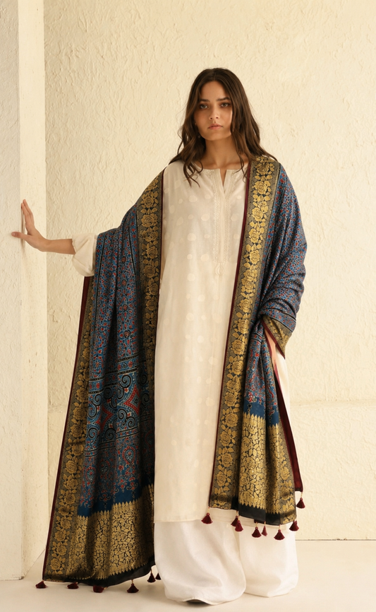 Navy red Ajrakh dupatta with cream kurta lifestyle