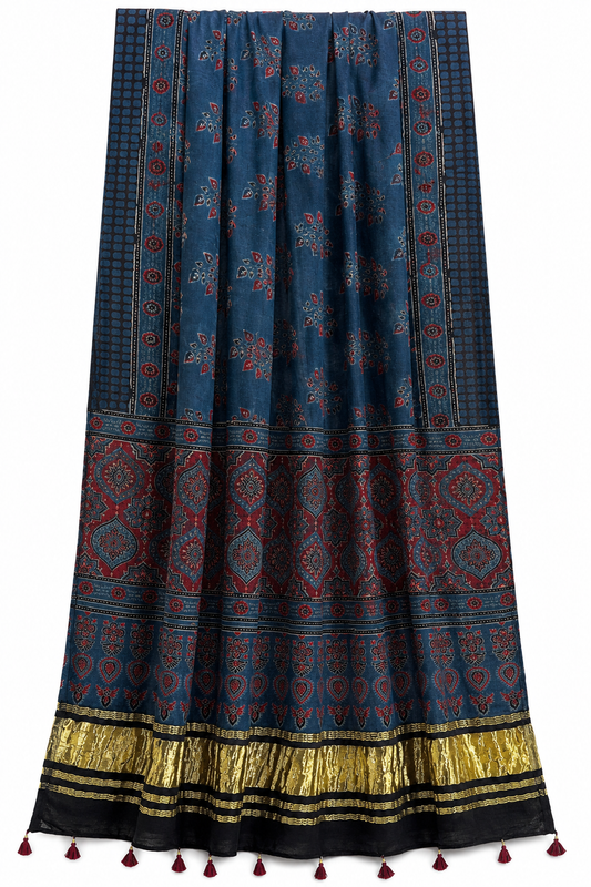 Navy red Ajrakh dupatta flat lay