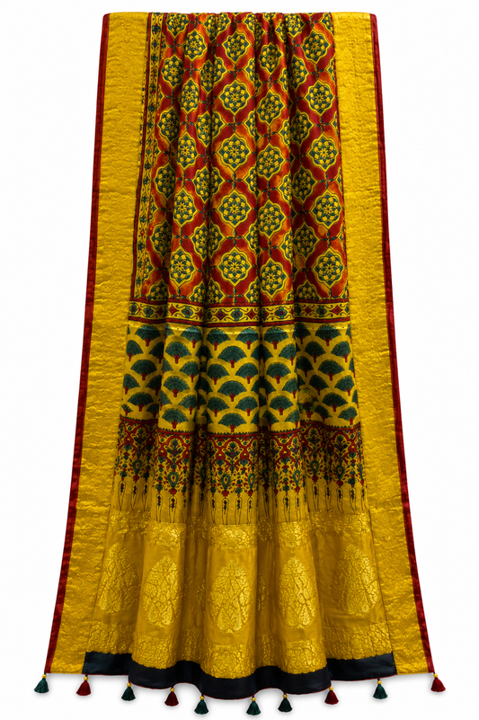 Yellow green Ajrakh dupatta flat lay