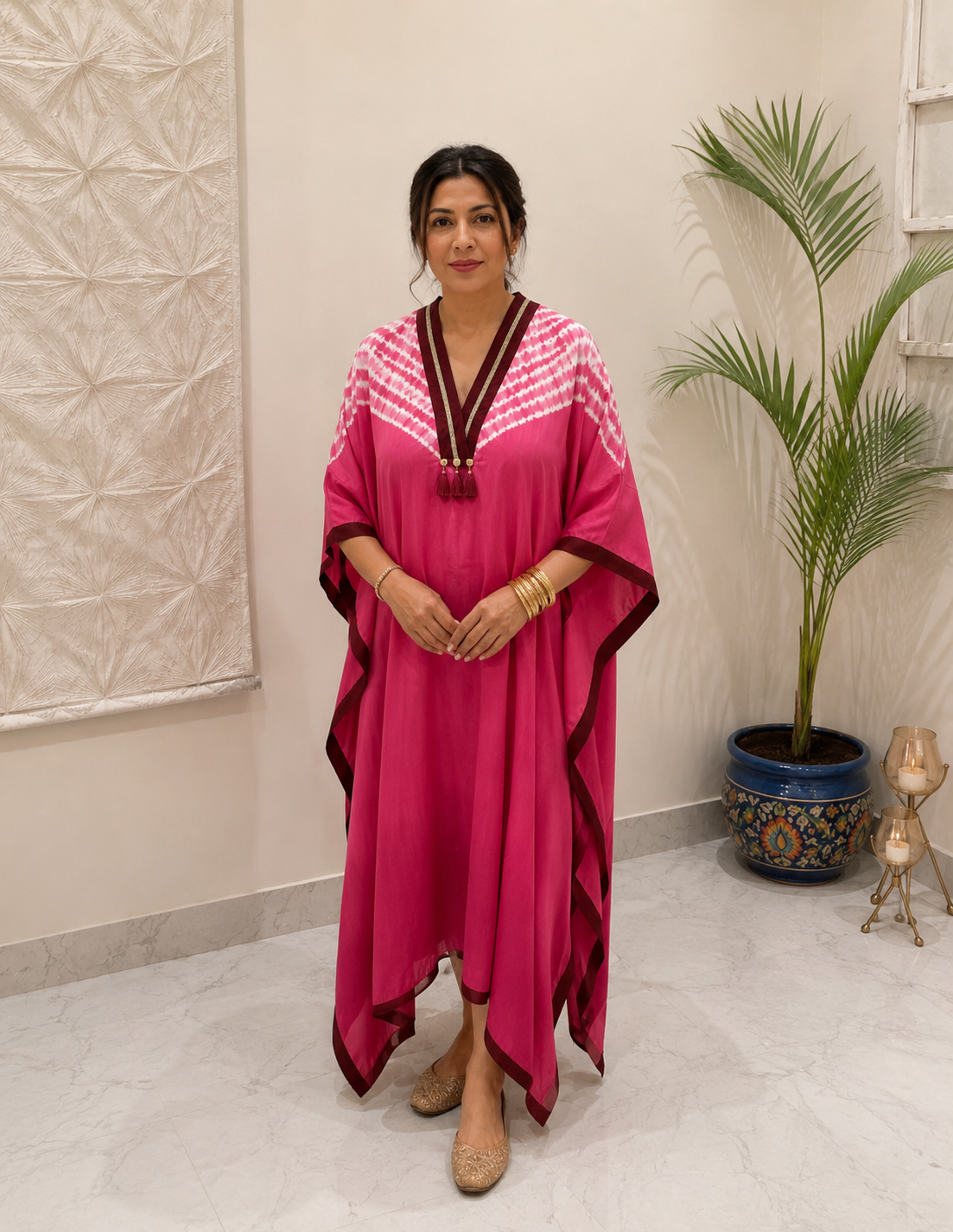 Hot pink white chevron kaftan – model front view