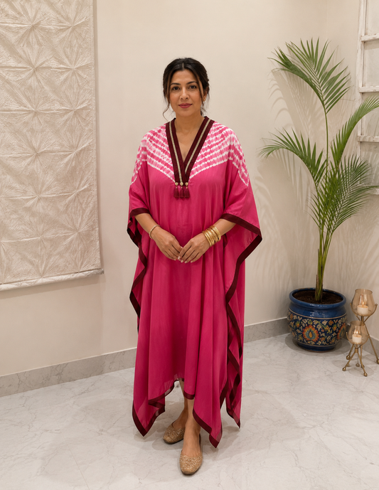 Hot pink white chevron kaftan – model front view
