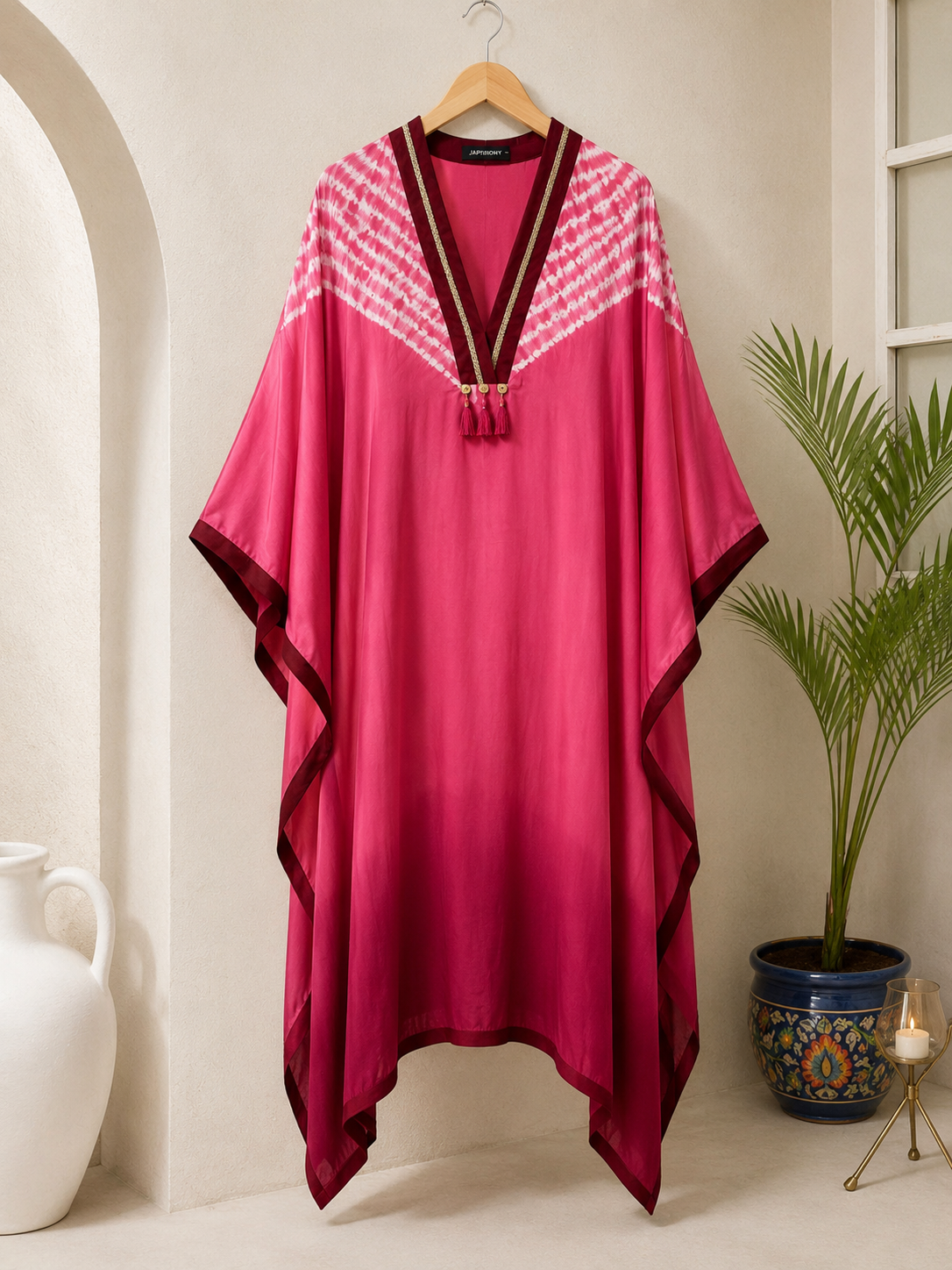 Hot pink white chevron kaftan – hanger view