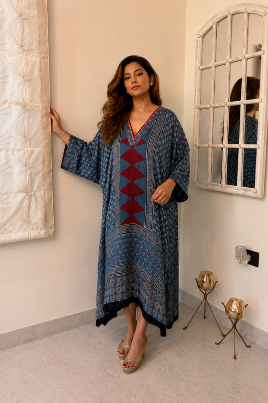 Blue Ajrakh Modal Silk Kaftan - Front