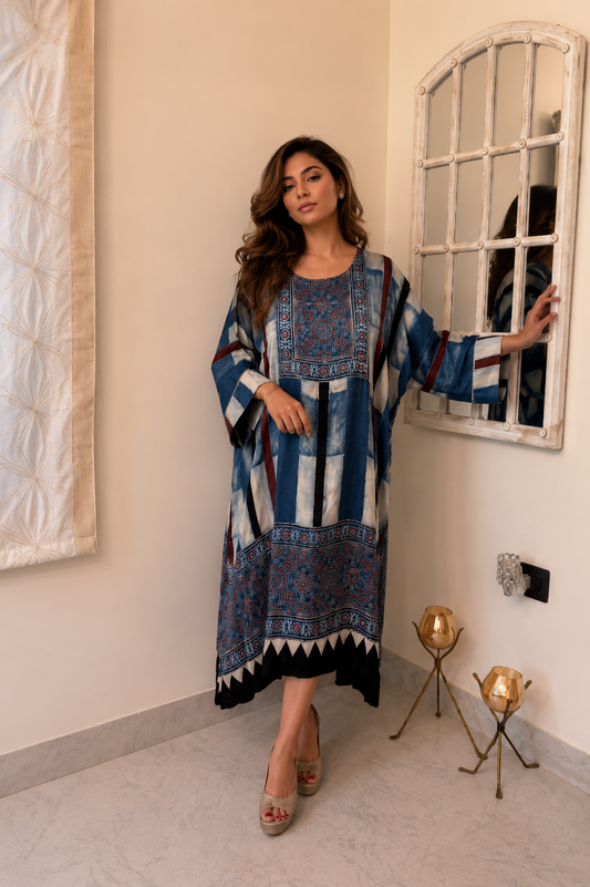 Blue Ikat Stripe Ajrakh Modal Silk Kaftan - Front