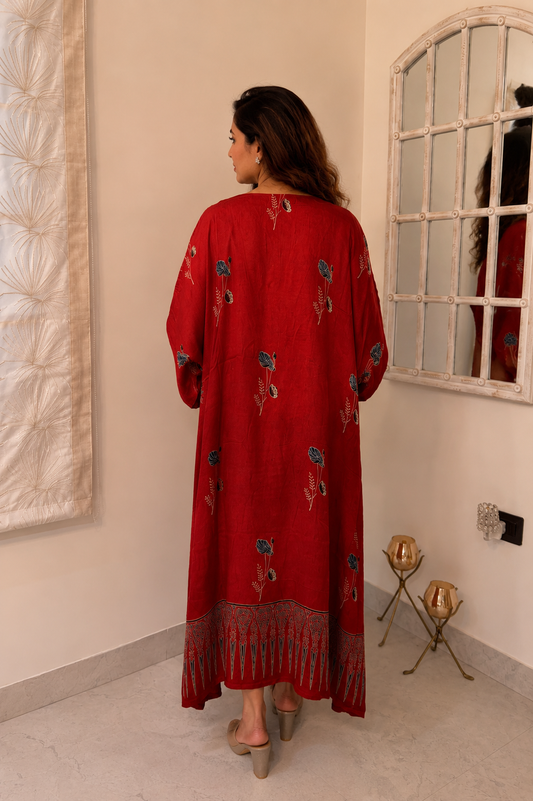 Red Ajrakh Modal Silk Kaftan - Back