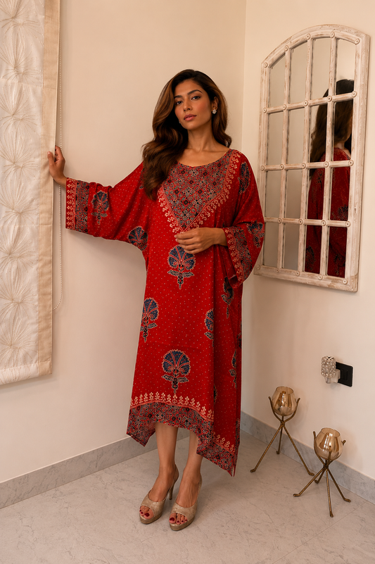 Red Ajrakh Modal Silk Kaftan - Front