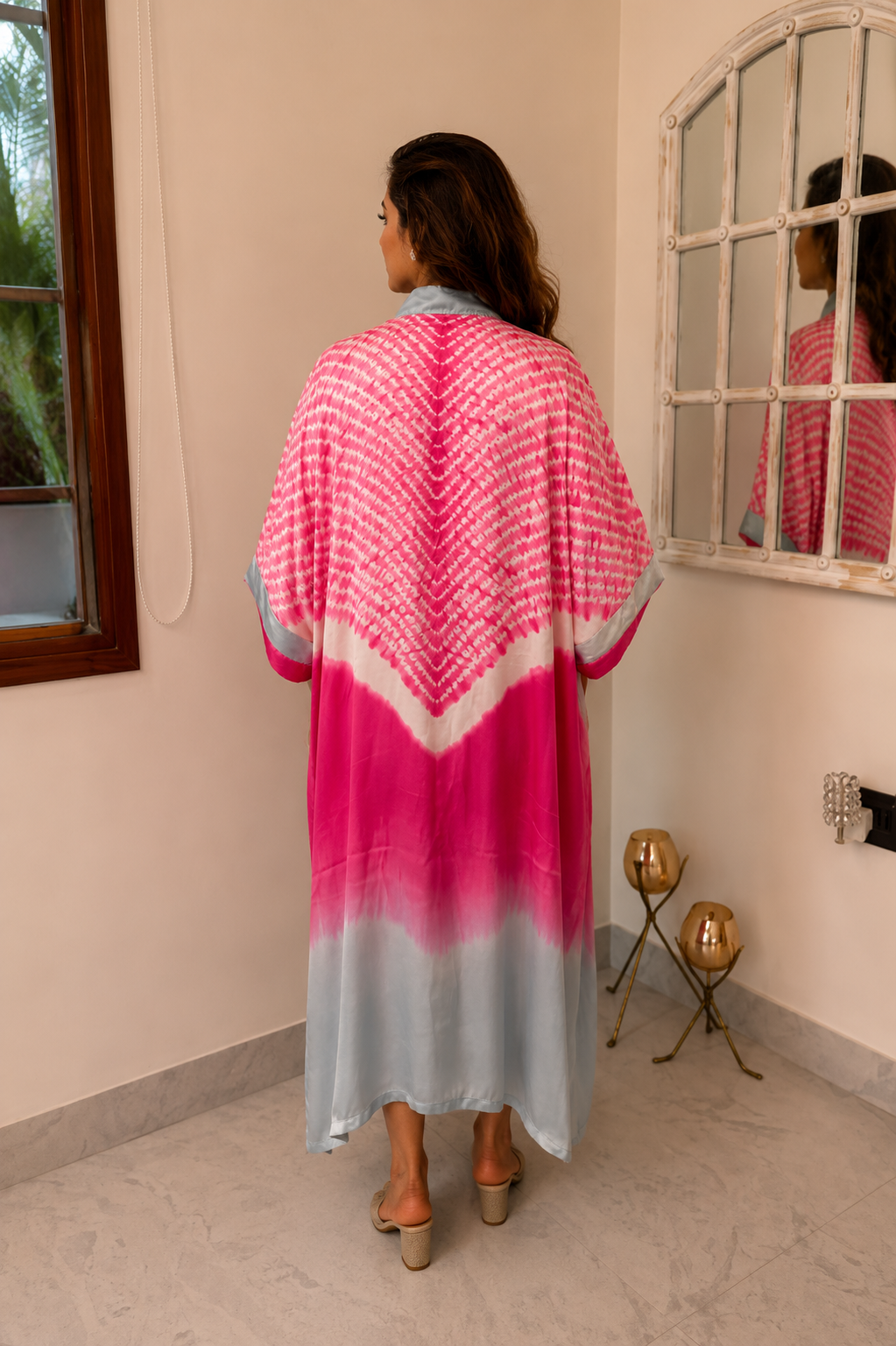 Pink Sky Bandhani Modal Silk Kaftan