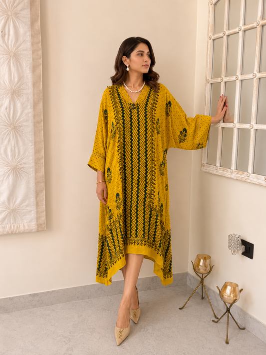 Yellow Ajrakh Open Kaftan Jacket - Back
