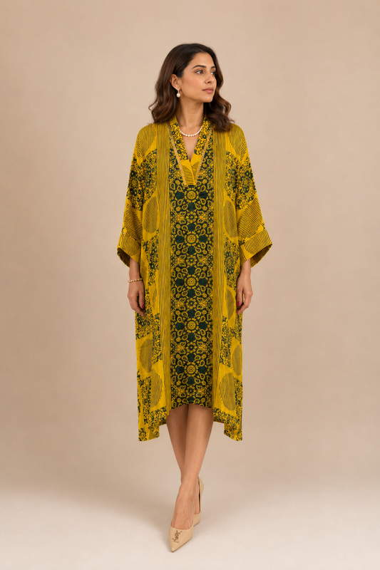Yellow Ajrakh Circle-Print Modal Silk Kaftan - Front