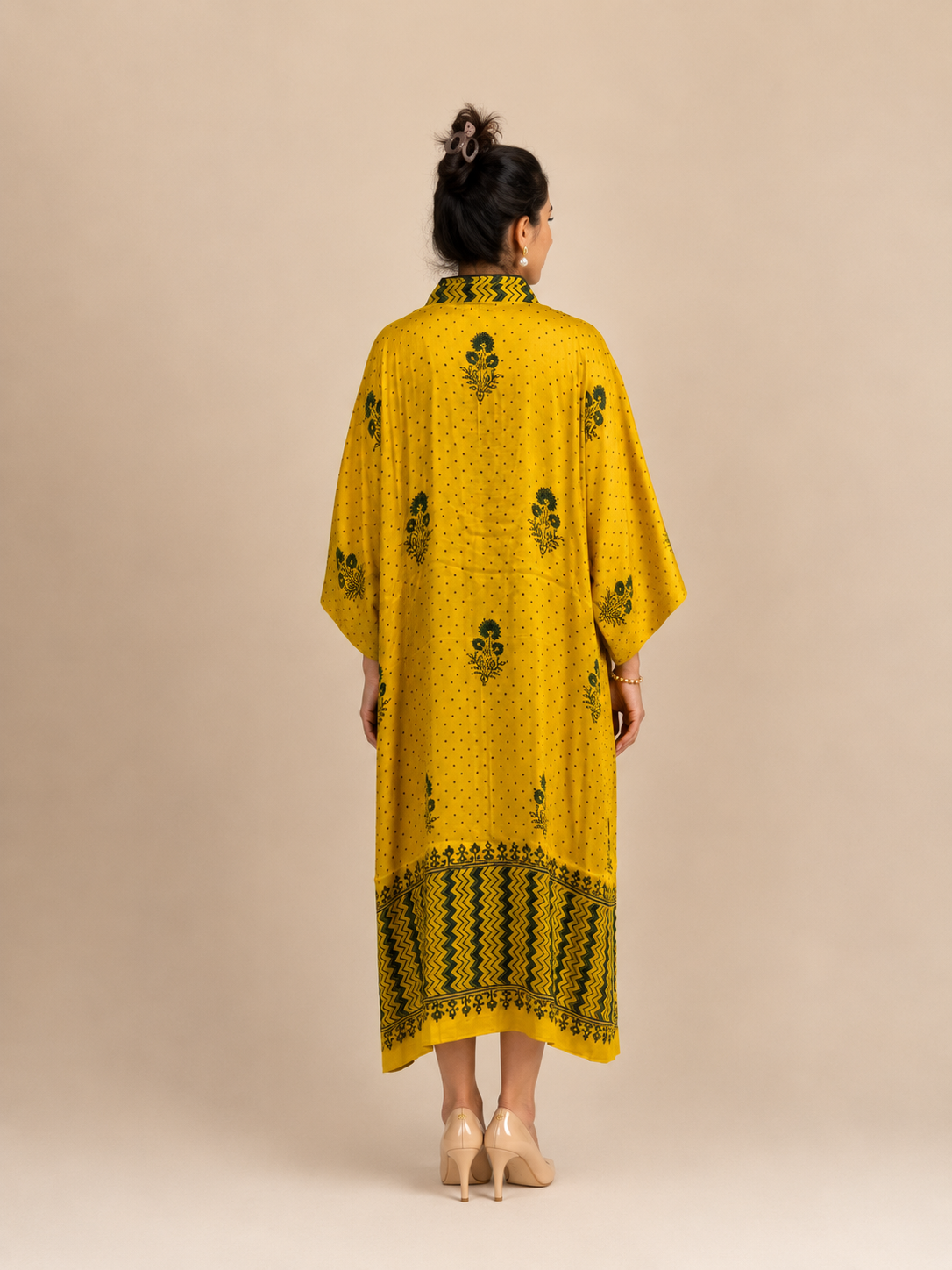 Yellow Ajrakh Circle-Print Modal Silk Kaftan - Front styled