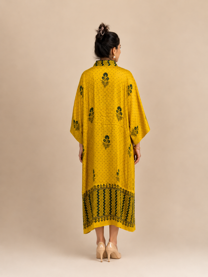 Yellow Ajrakh Circle-Print Modal Silk Kaftan - Front styled