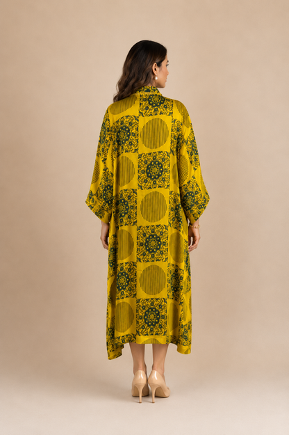 Yellow Ajrakh Circle-Print Modal Silk Kaftan - Back