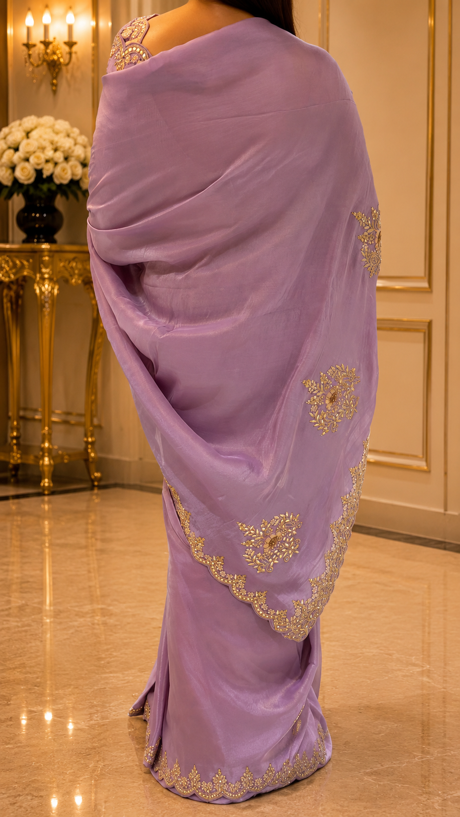 Lavender Gold Scalloped Border Saree - back view