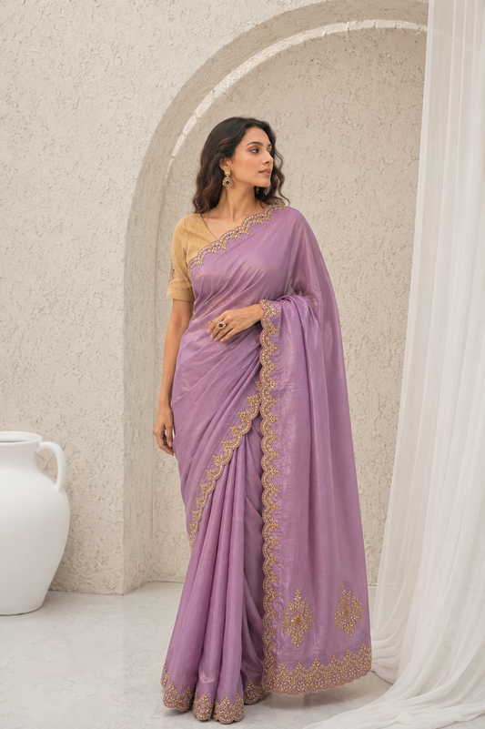 Lavender Gold Scalloped Border Saree