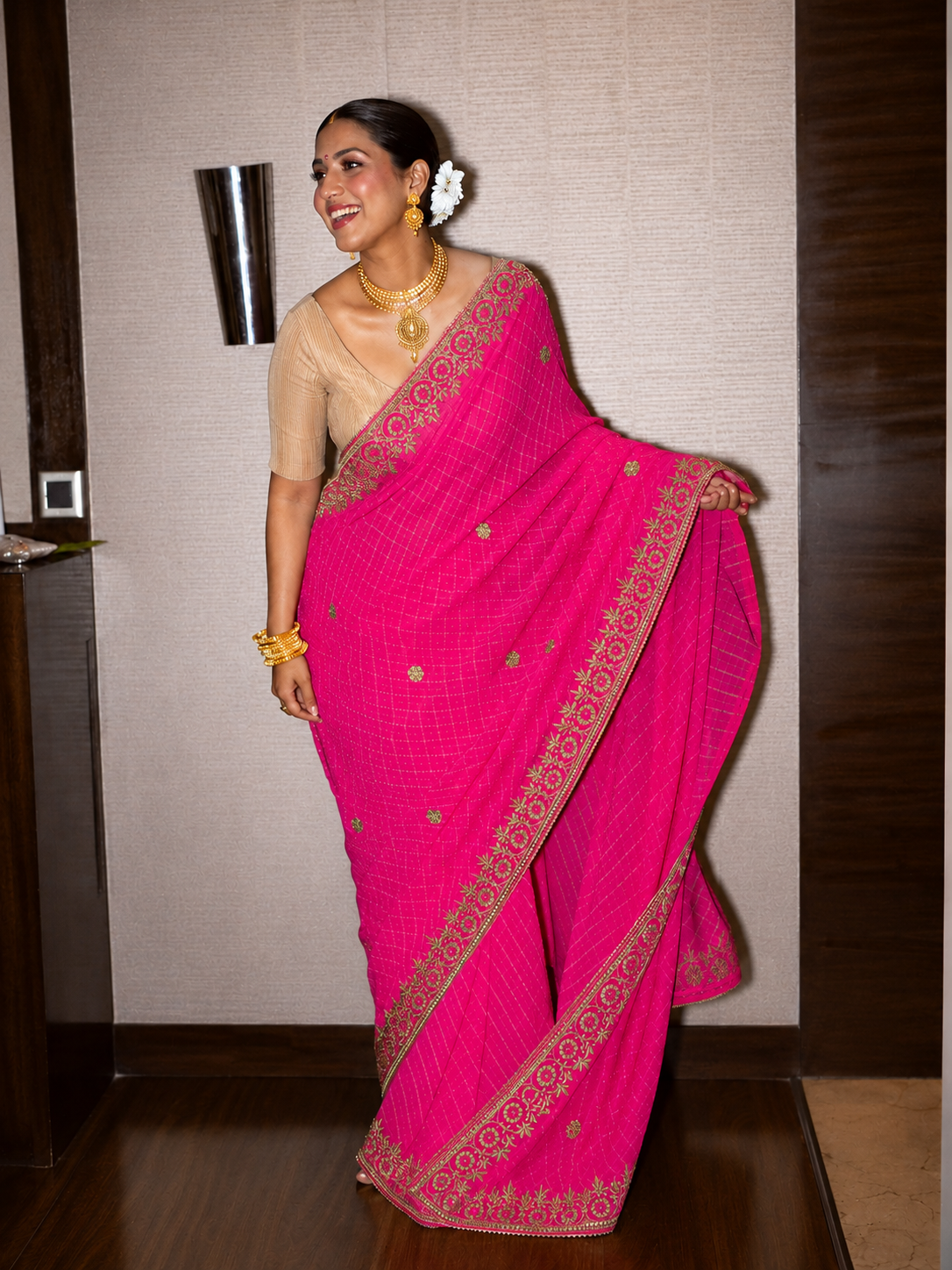 Hot Pink Leheriya Saree with Gotta Patti and Zardozi Work