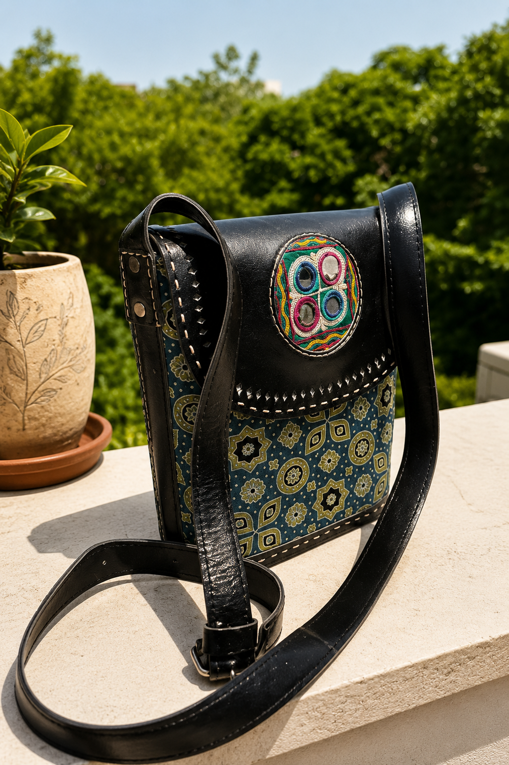 Teal Ajrakh Bucket Bag with Mirror Medallion