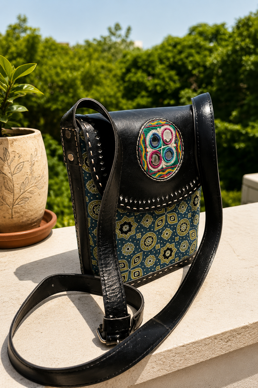 Teal Ajrakh Bucket Bag with Mirror Medallion