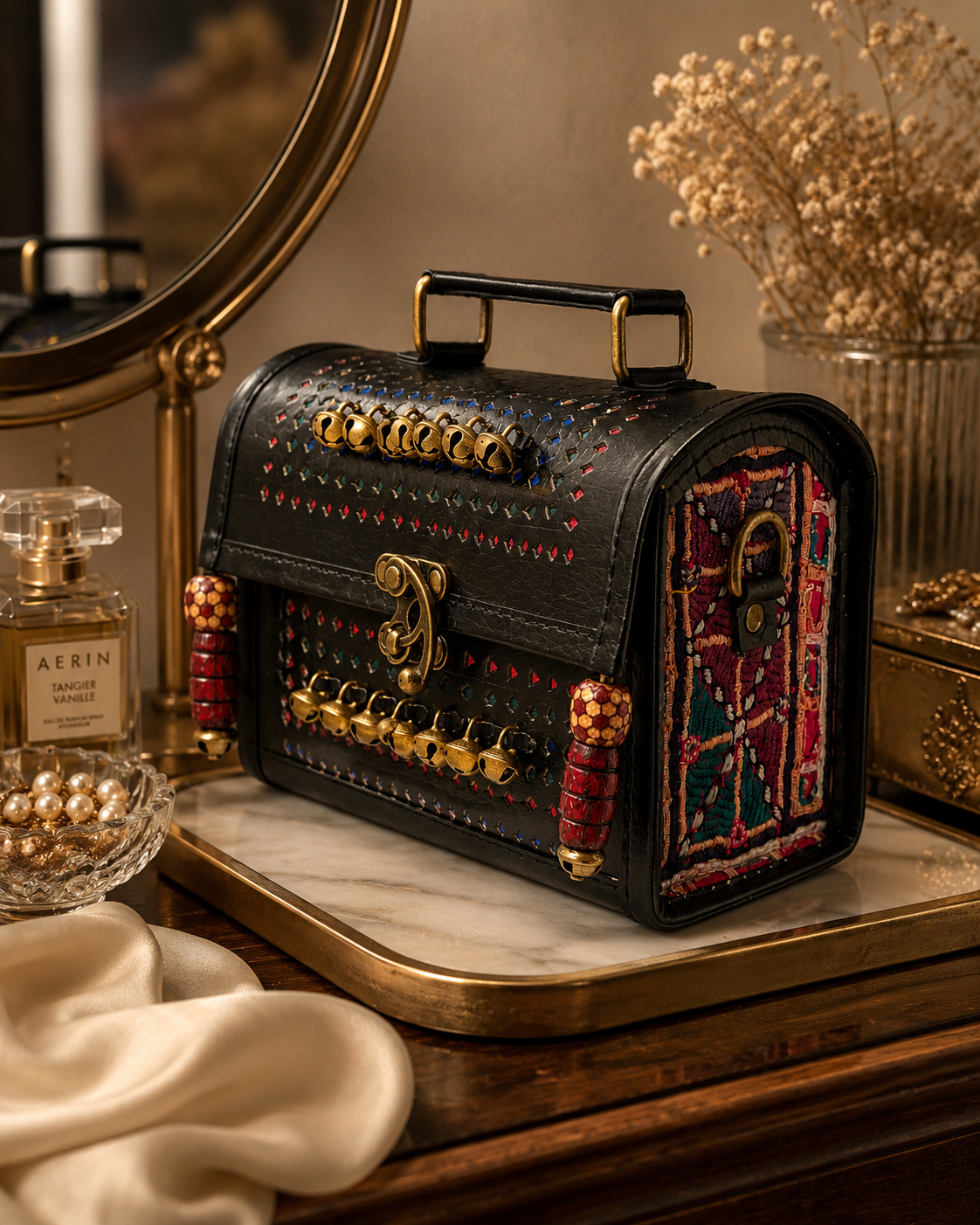 Brown leather cowrie shell trunk bag — interior view showing block-print lining and zip pockets