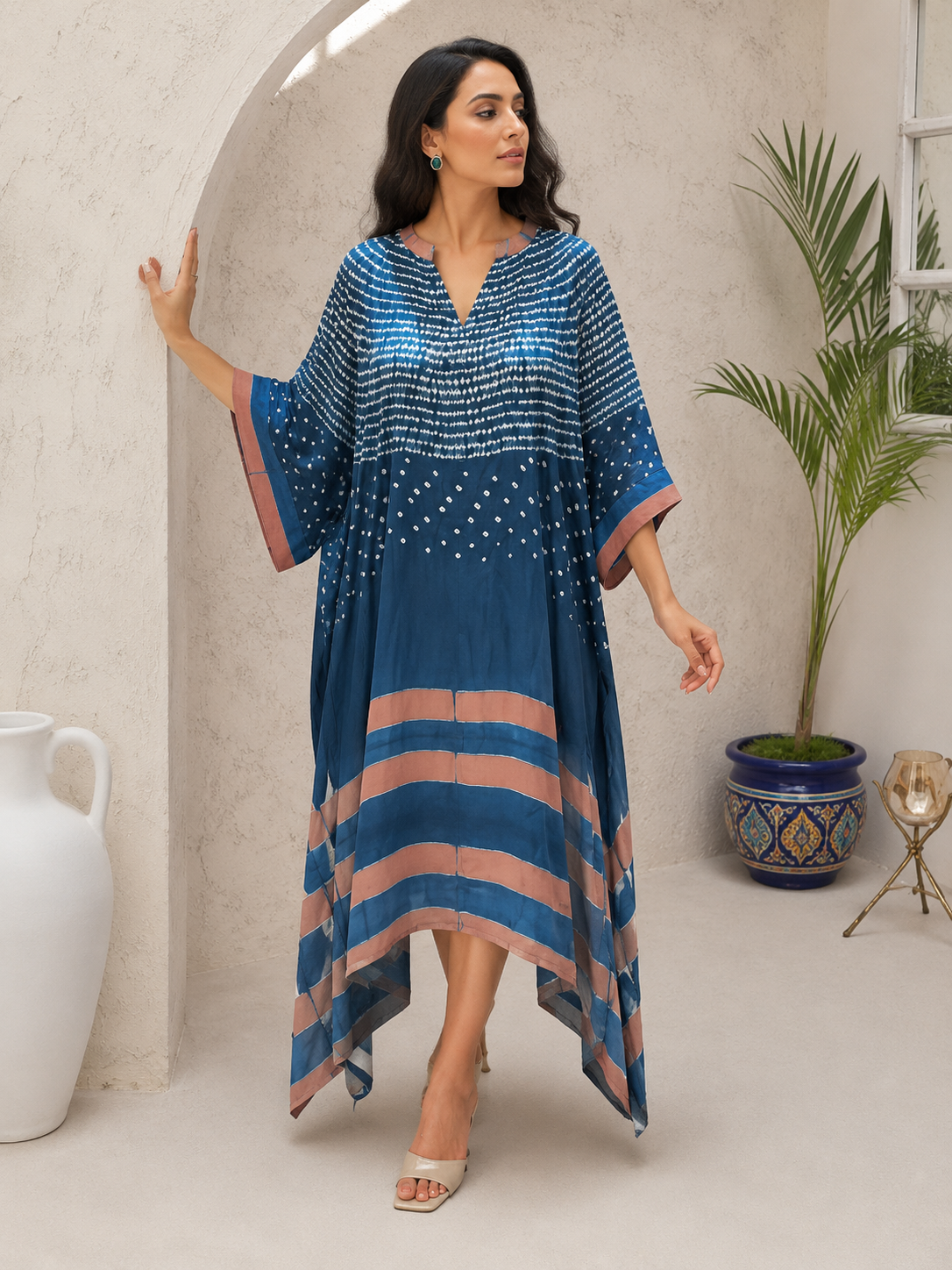 Navy blue sequin ombré striped kaftan – full view