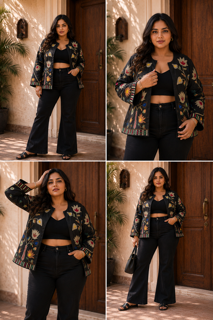 Charcoal LOVE floral Suzani jacket, fourth view