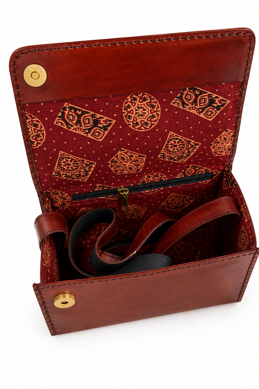 Navy mustard Ajrakh crossbody bag — interior view