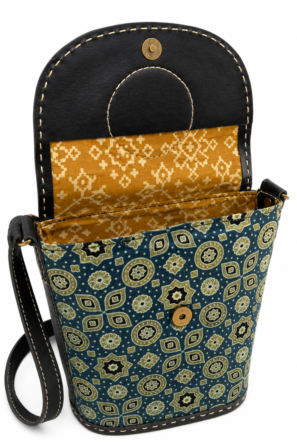 Navy blue Ajrakh crossbody bag — open flap showing interior