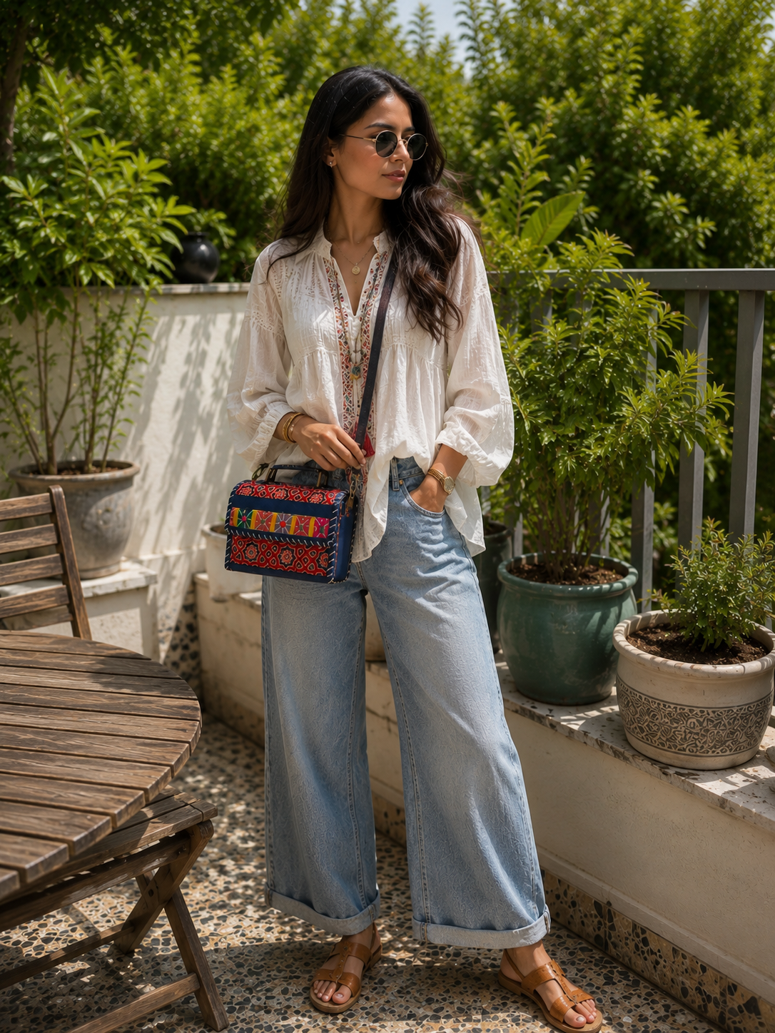 Multicolour Banjara crossbody trunk bag — lifestyle with denim 1