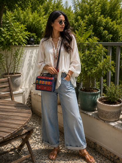 Multicolour Banjara crossbody trunk bag — lifestyle with denim 1