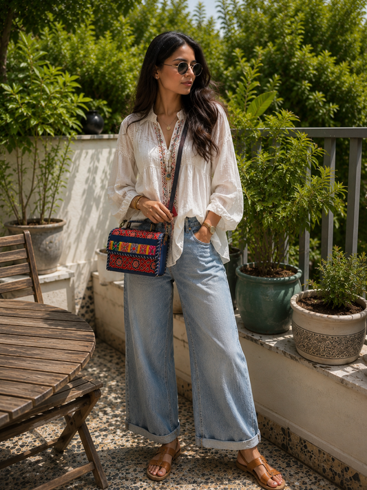 Multicolour Banjara crossbody trunk bag — lifestyle with denim 1