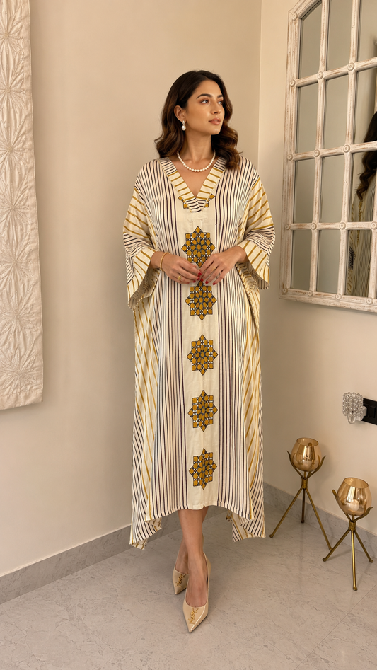 Off-White Gold Stripe Star-Print Kaftan - Front 2