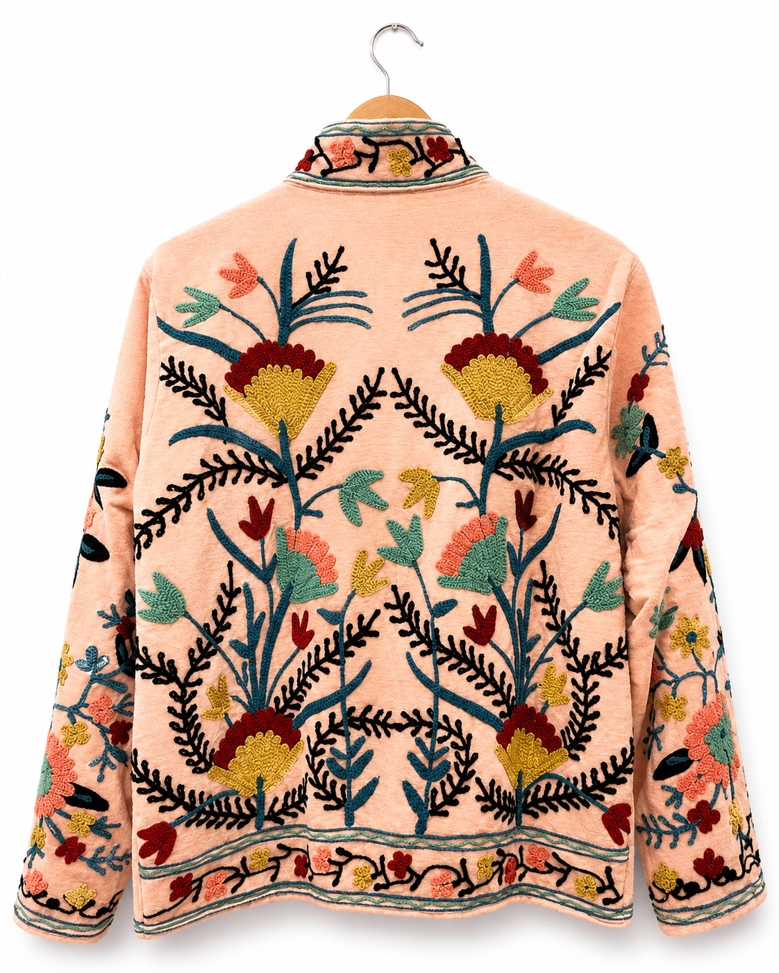 Peach multicolour floral Suzani velvet jacket back hanger