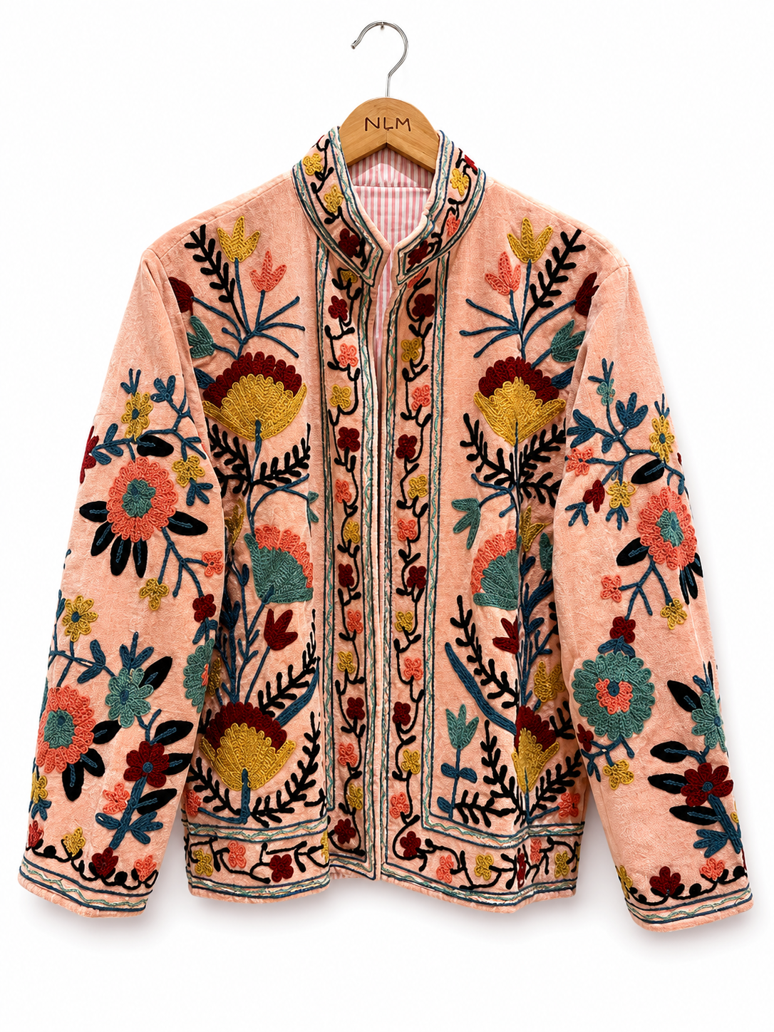 Peach multicolour floral Suzani velvet jacket front hanger