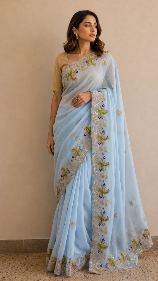 Powder Blue Bird Embroidered Saree