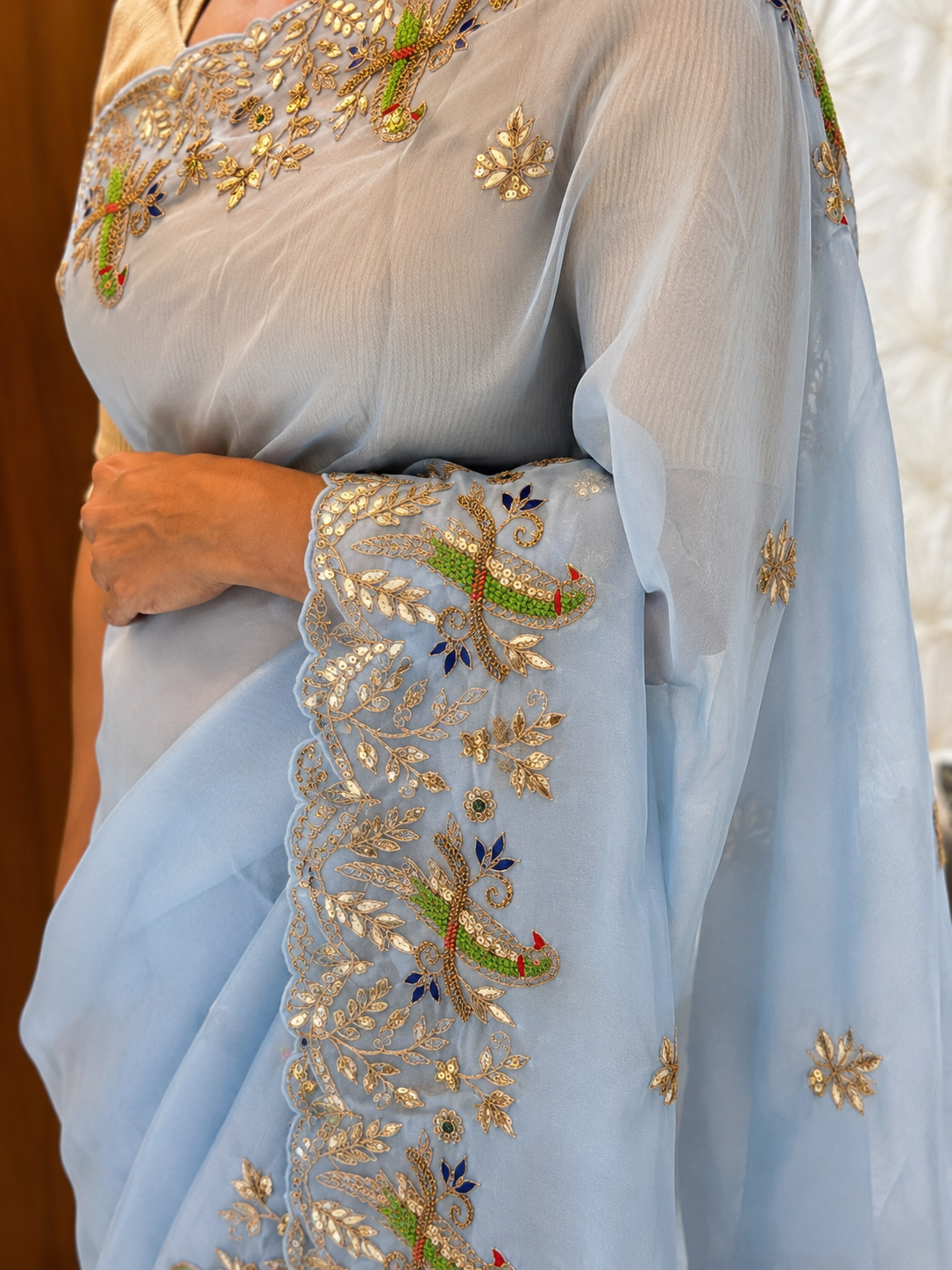 Powder Blue Bird Embroidered Saree