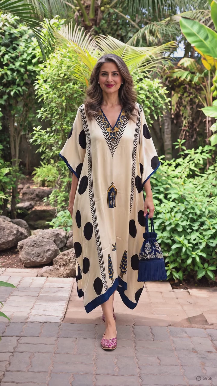 Ivory and navy polka modal silk kaftan by Gul, moving on the body
