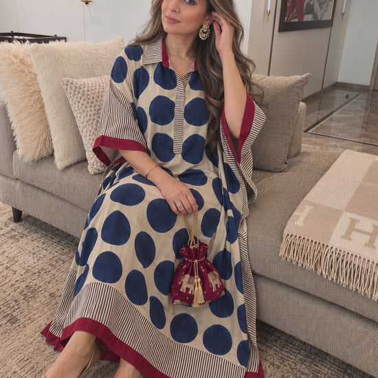 Blue polka hand block-printed modal silk kaftan by Gul, moving on the body