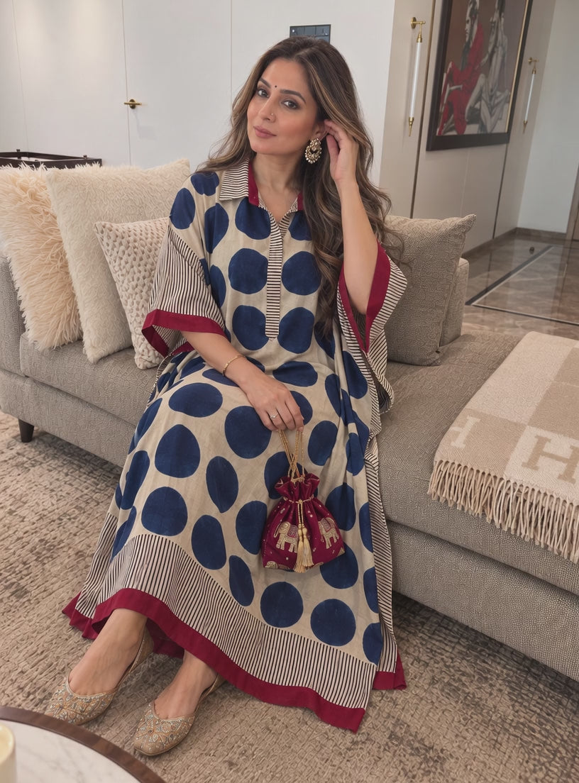 Blue polka hand block-printed modal silk kaftan by Gul, moving on the body