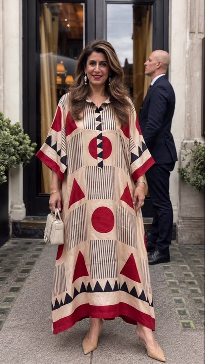 Ivory Geometric Deep Red Modal Silk Kaftan