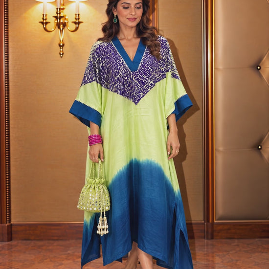 Pistachio and purple tie-dye modal silk kaftan by Gul, moving on the body