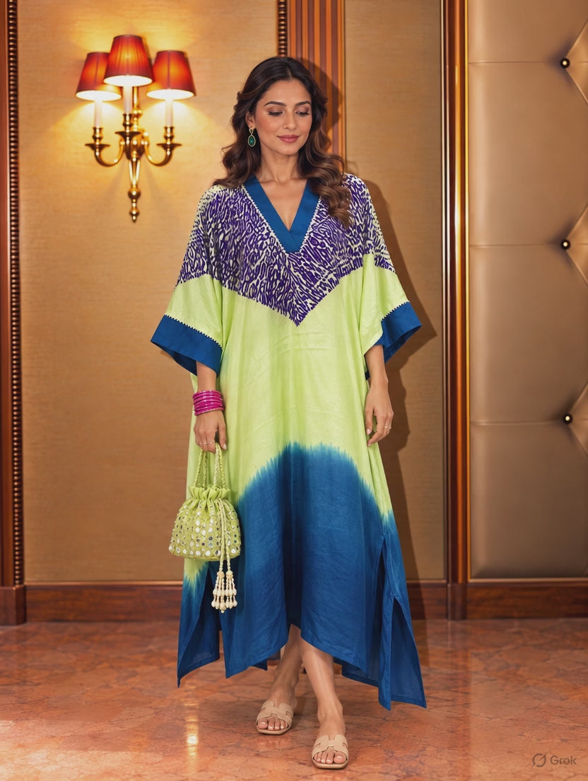 Pistachio and purple tie-dye modal silk kaftan by Gul, moving on the body