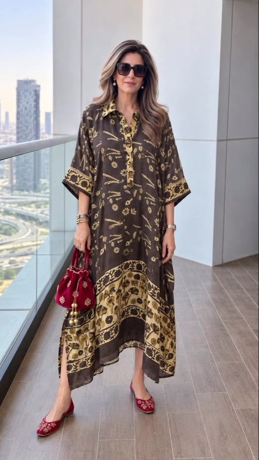 Charcoal mustard modal silk kaftan with Ajrakh motifs