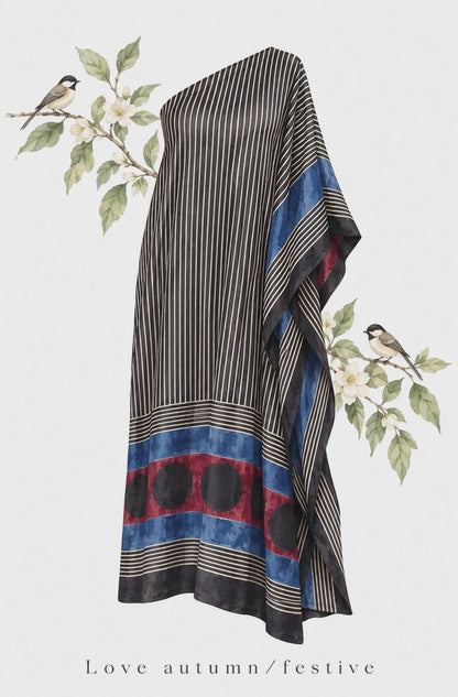 Black & Blue Ajrakh Modal Silk Off-Shoulder Kaftan