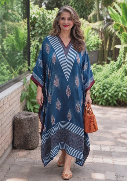 Mor Blue Ajrakh Modal Silk Kaftan