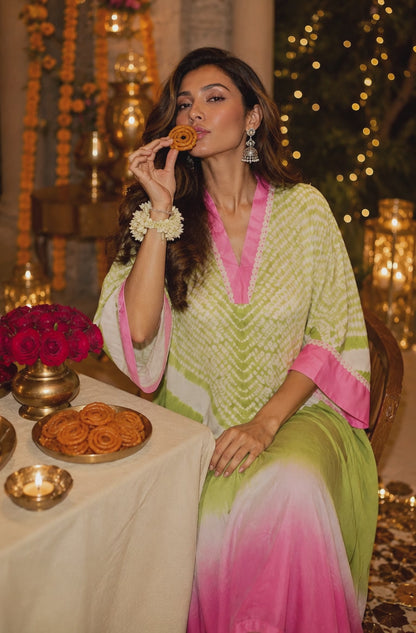 Green Pink Bandhani Modal Silk Kaftan
