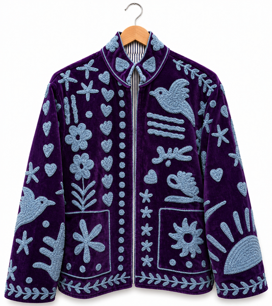 Purple blue folk art Suzani velvet jacket on hanger — front view